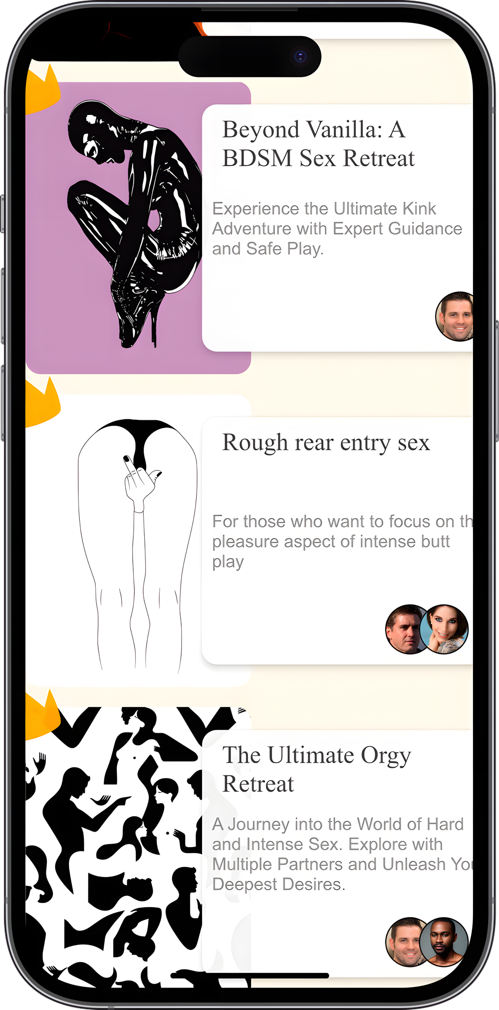 Screenshots of the Kinky Retreats app
